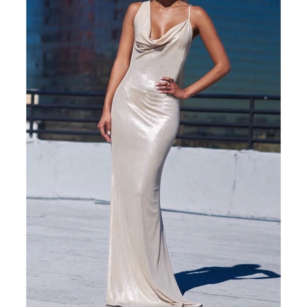 GOLD BIAS CUT COWL FRONT MAXI DRESS